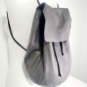 Ecco Gray Leather Drawstring Flap Backpack